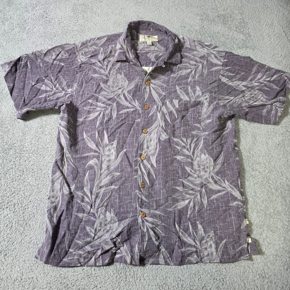 Island Shores Mens‎ L Button Down Shirt Purple Silk Floral Tropical Short Sleeve